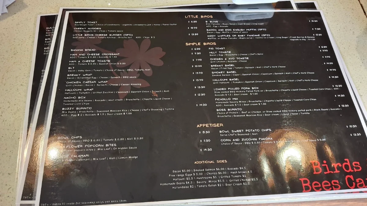 Menu, Birds & Bees Café / Bar