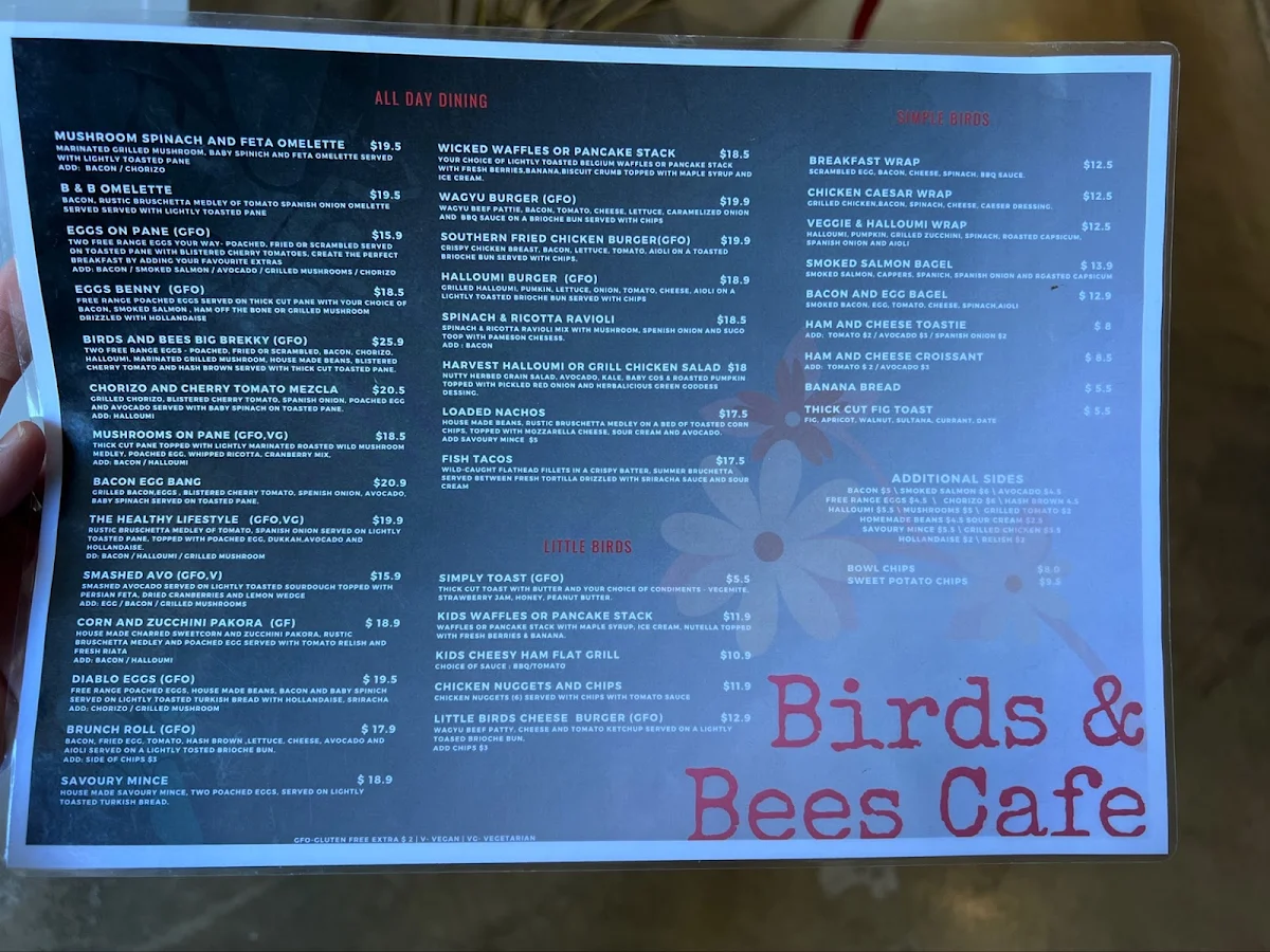 Menu, Birds & Bees Café / Bar