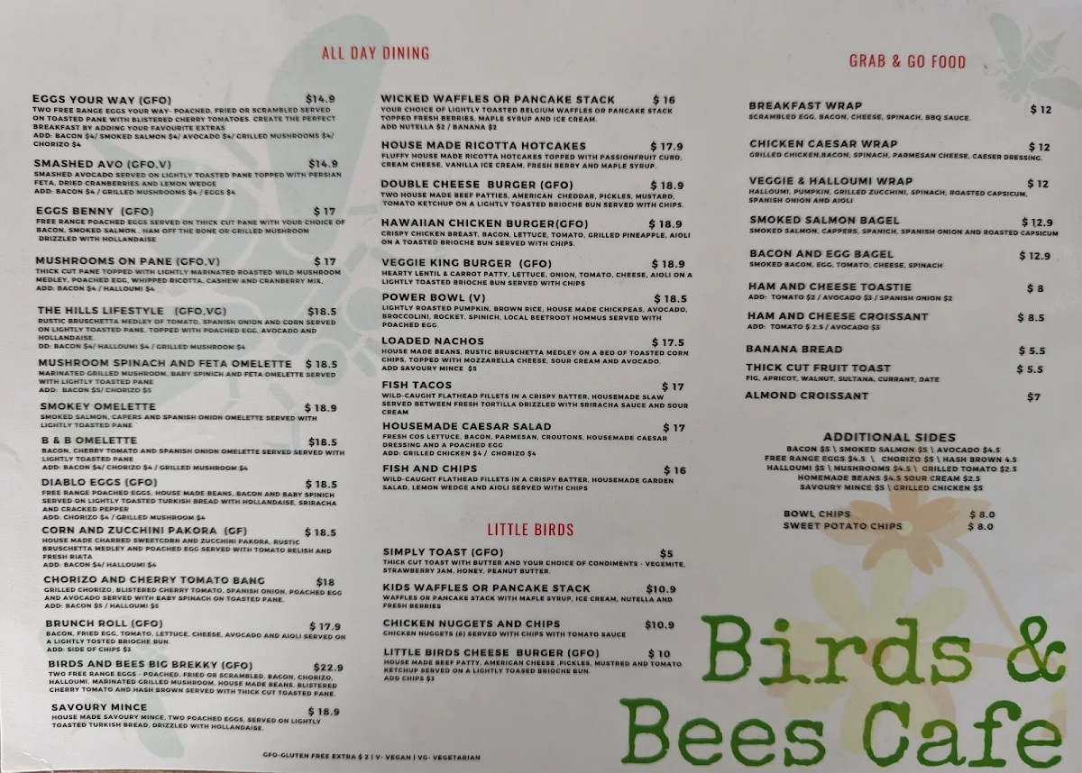 Menu, Birds & Bees Café / Bar