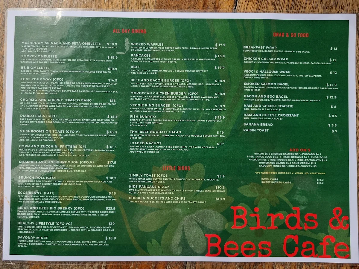 Menu, Birds & Bees Café / Bar