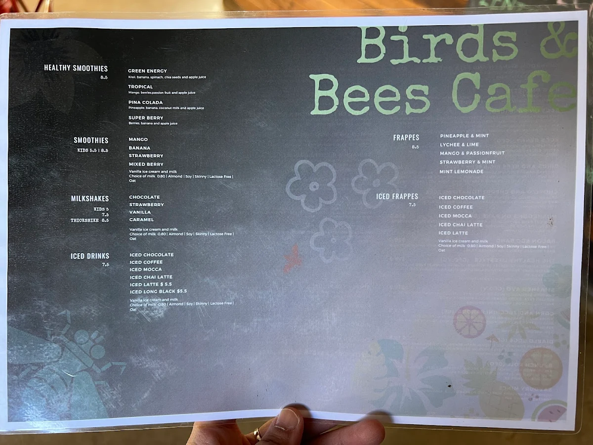 Menu, Birds & Bees Café / Bar