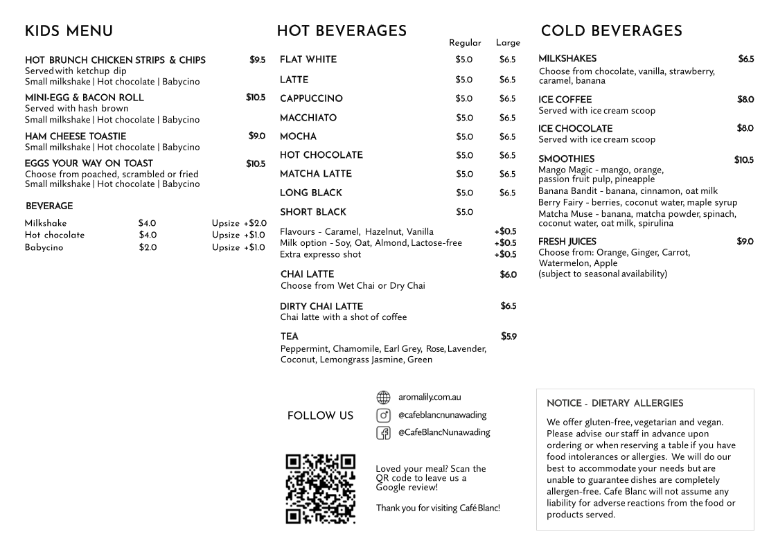 Menu, Cafe Blanc