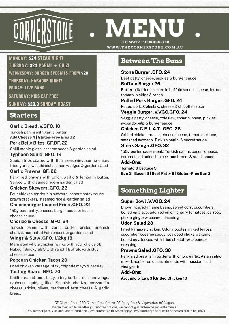 Menu, The Cornerstone Tavern