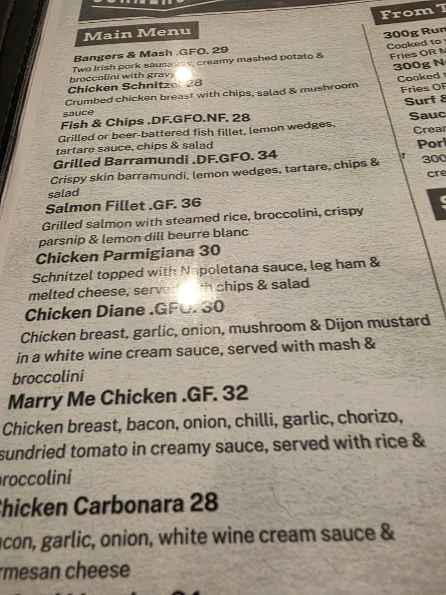 Menu, The Cornerstone Tavern