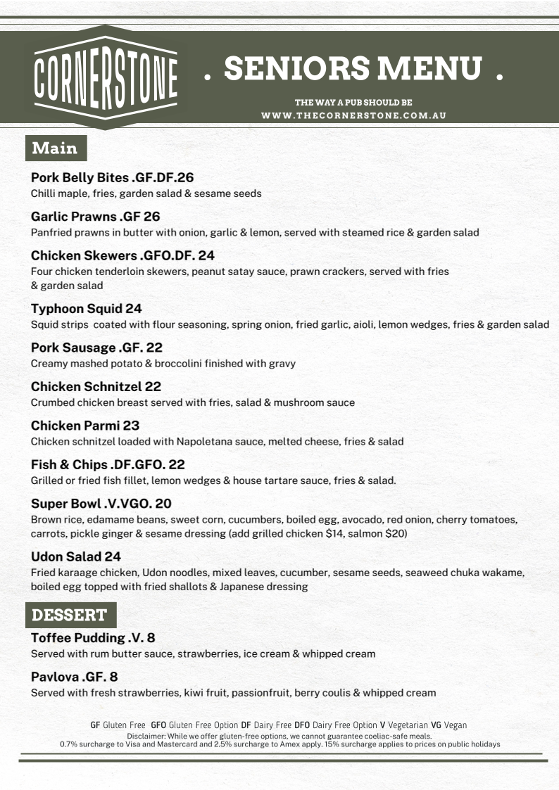 Menu, The Cornerstone Tavern
