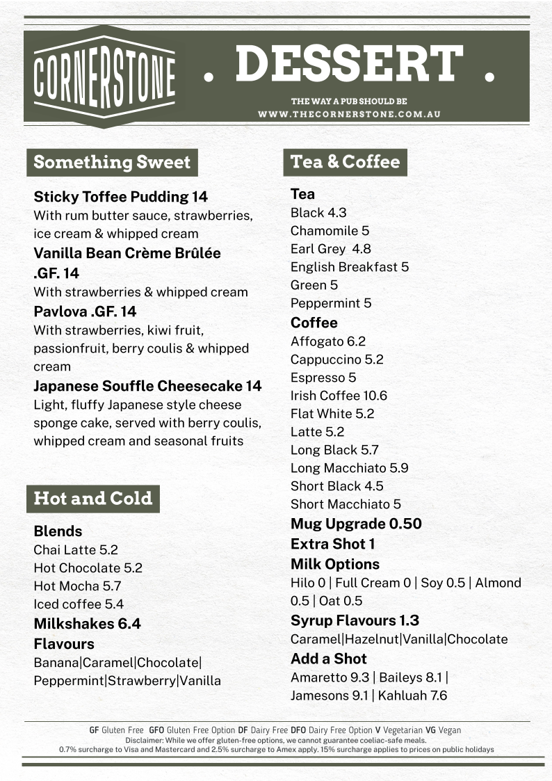 Menu, The Cornerstone Tavern