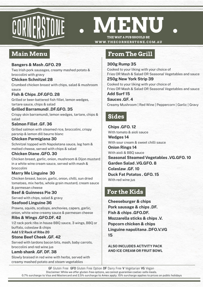 Menu, The Cornerstone Tavern