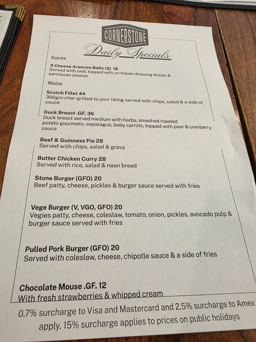Menu, The Cornerstone Tavern