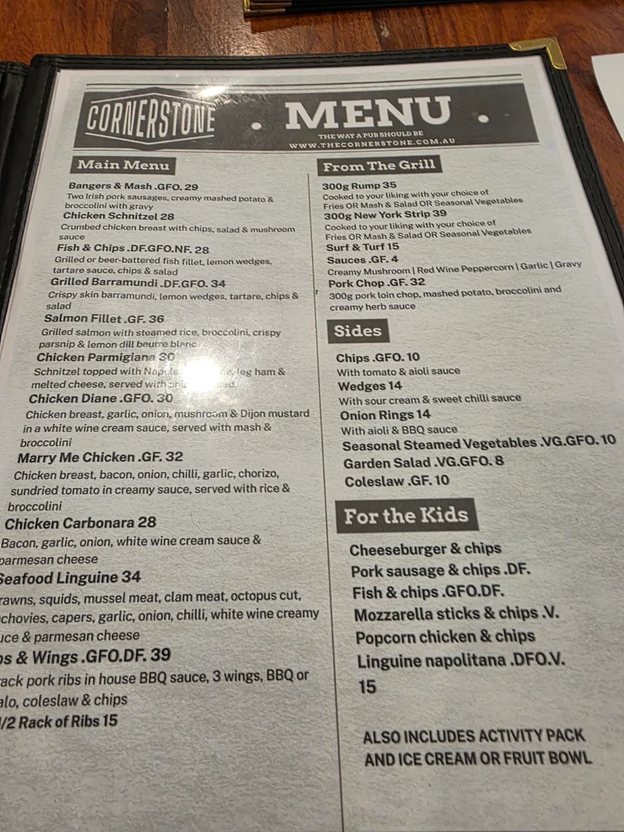 Menu, The Cornerstone Tavern