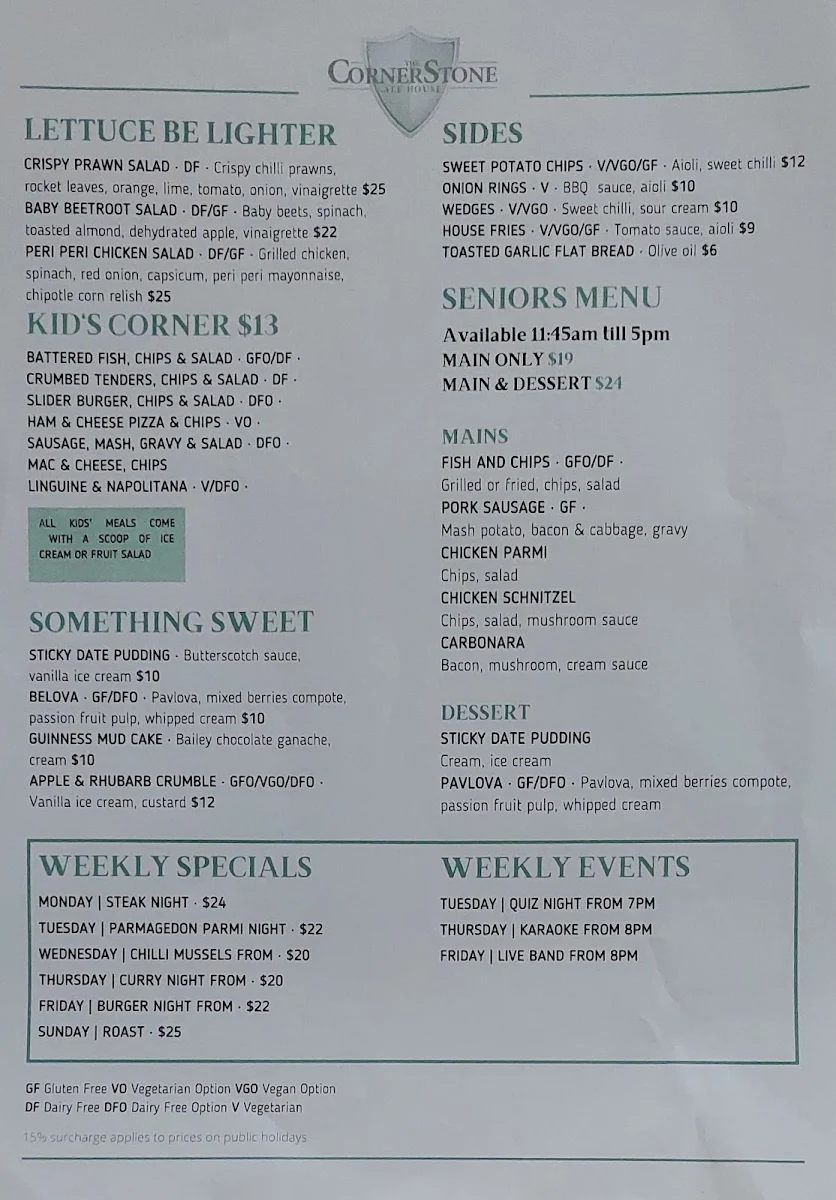 Menu, The Cornerstone Tavern