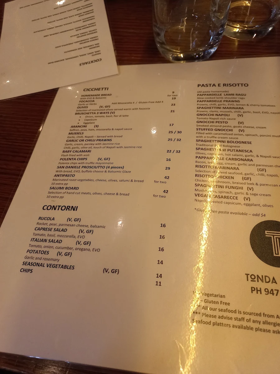 Menu, Tonda Italian