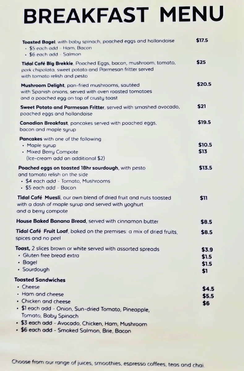 Menu, Tidal Café