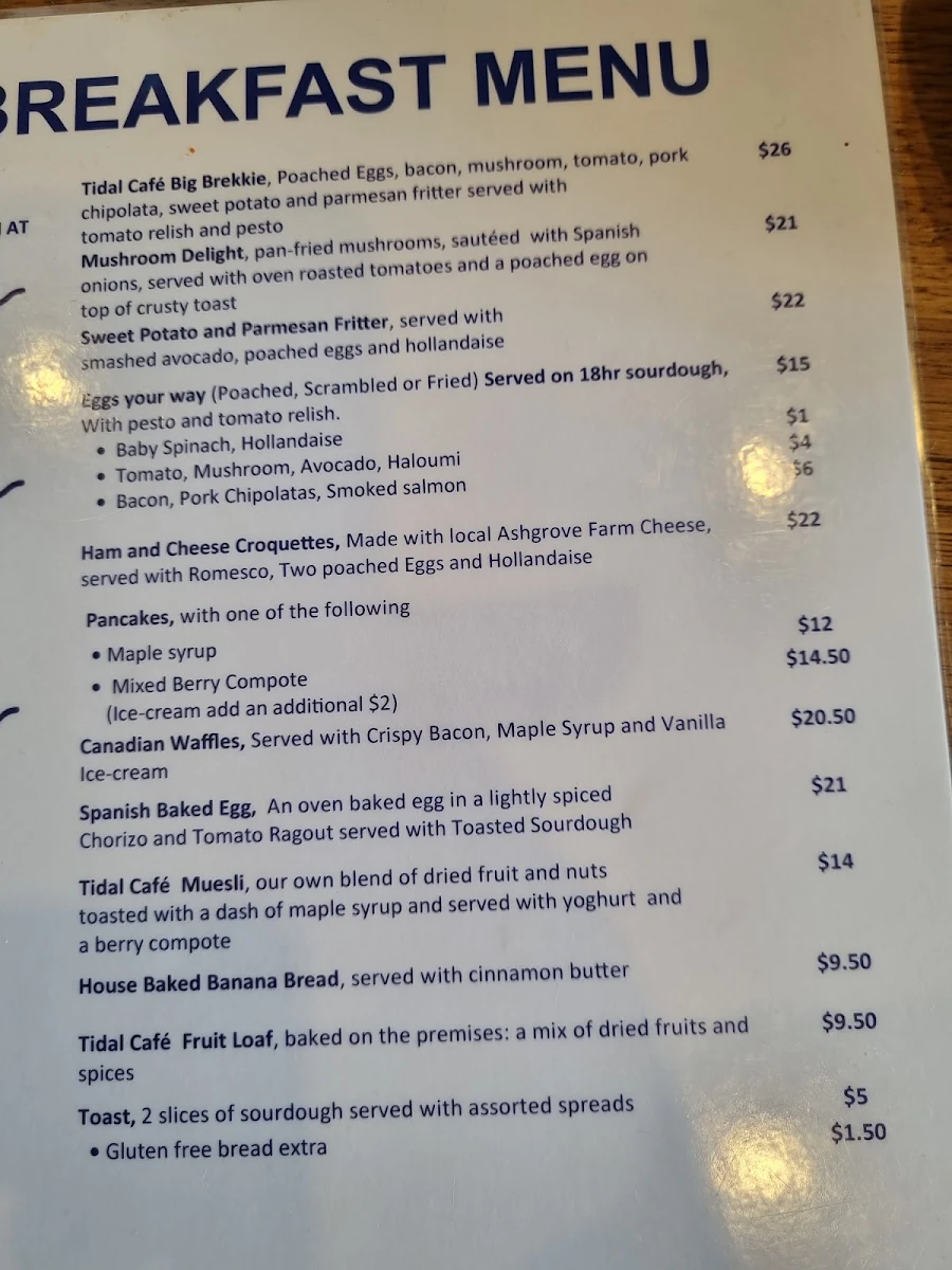 Menu, Tidal Café