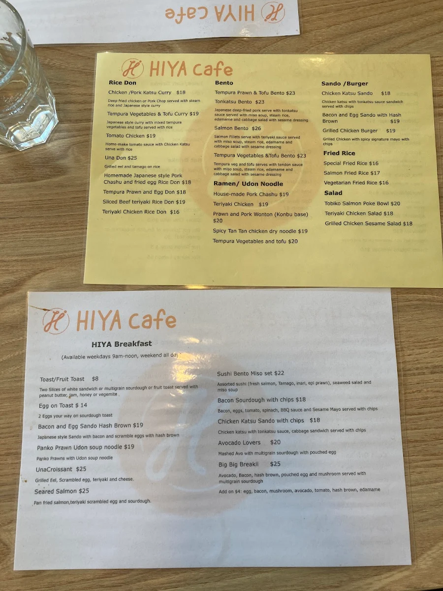Menu, HIYA Cafe