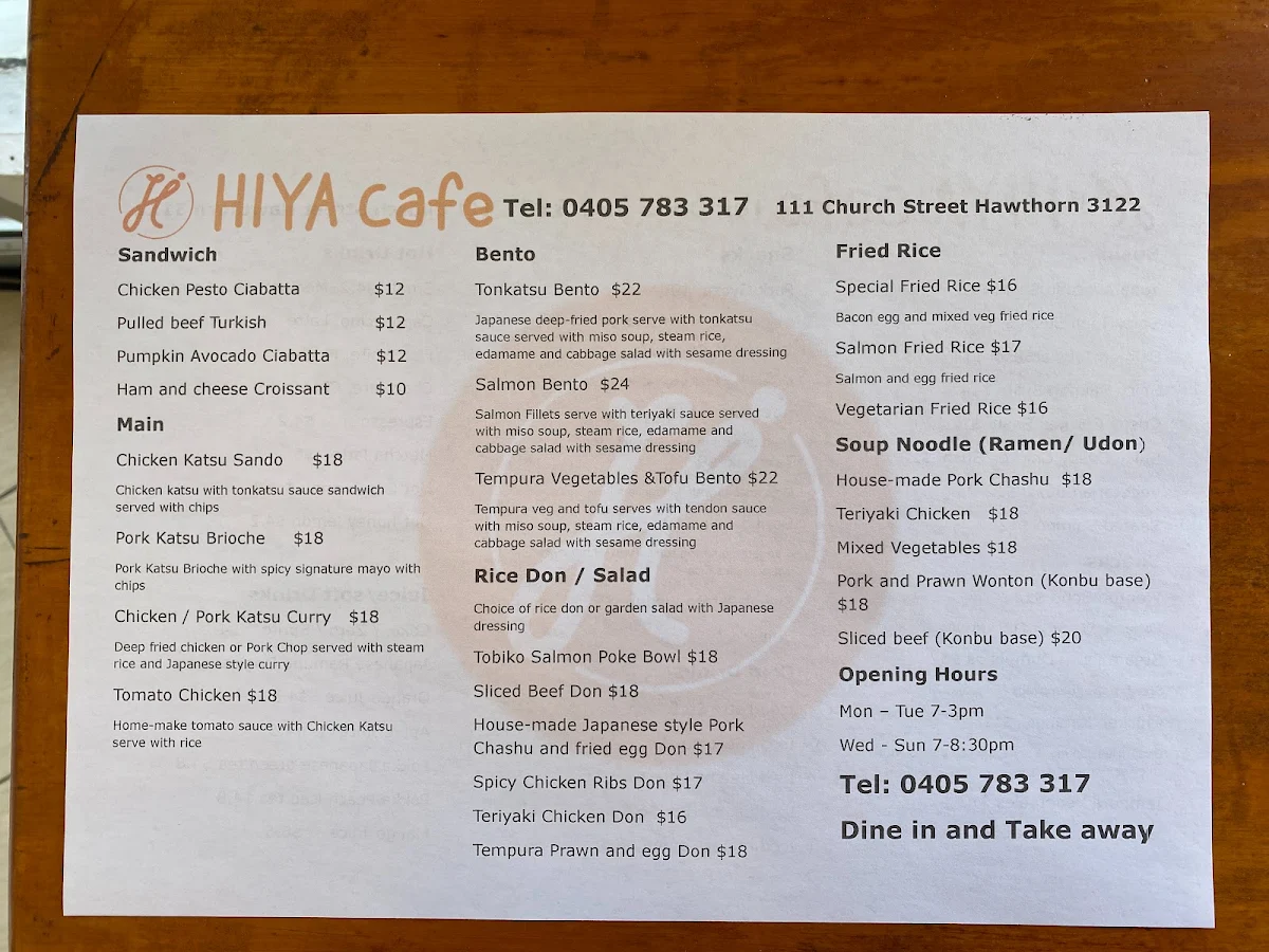 Menu, HIYA Cafe