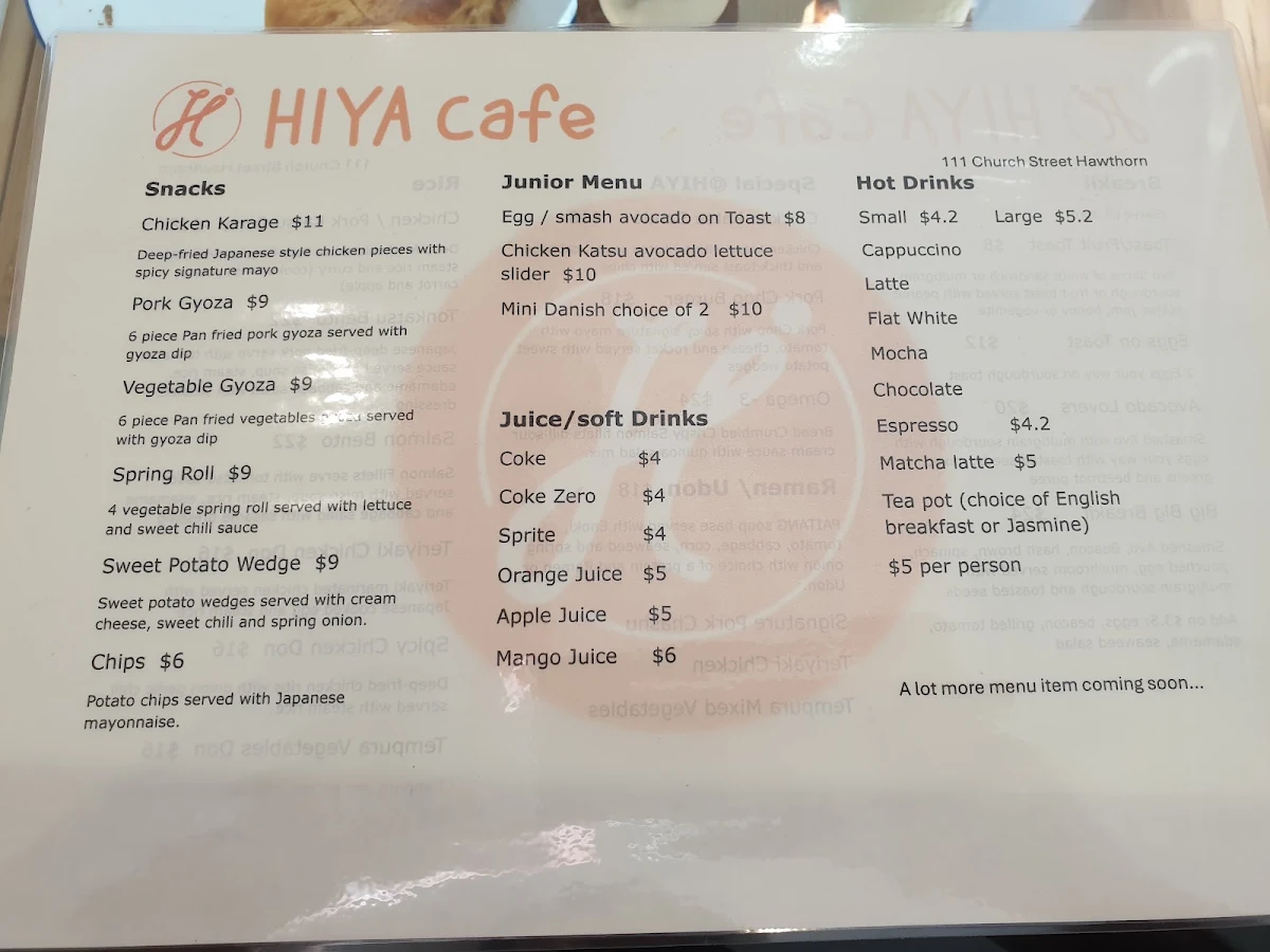 Menu, HIYA Cafe