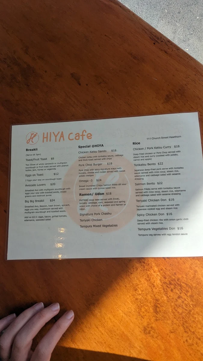 Menu, HIYA Cafe