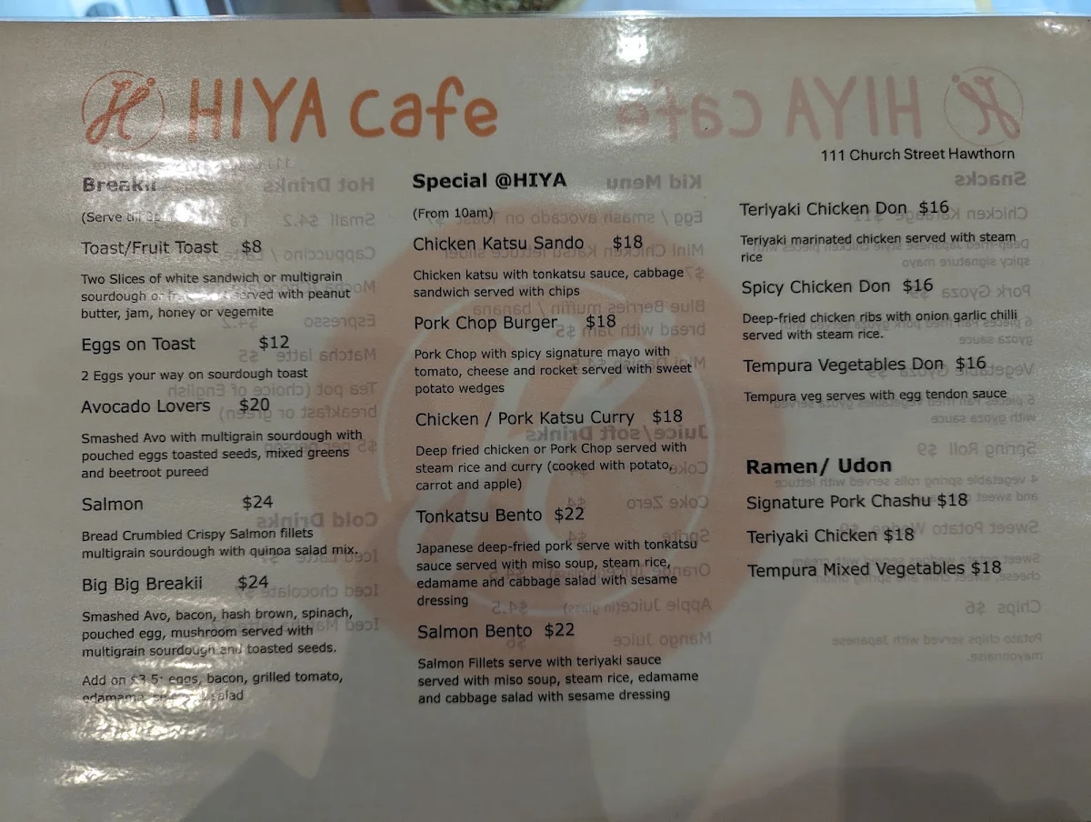 Menu, HIYA Cafe