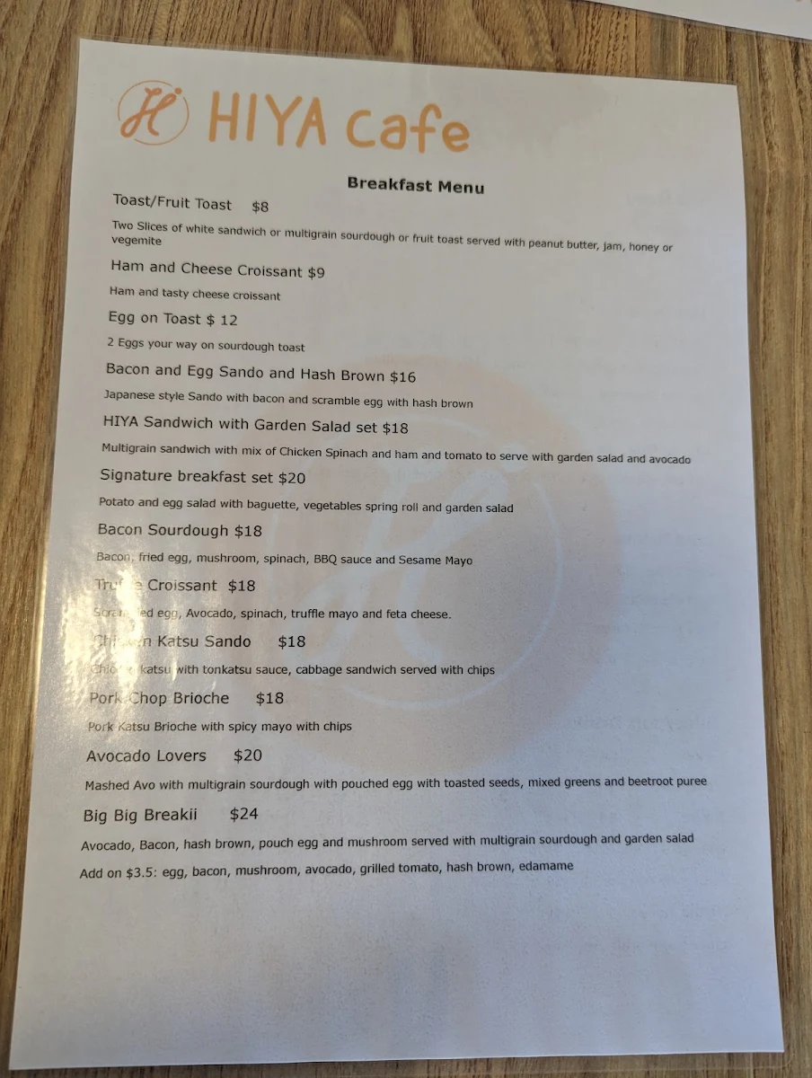 Menu, HIYA Cafe