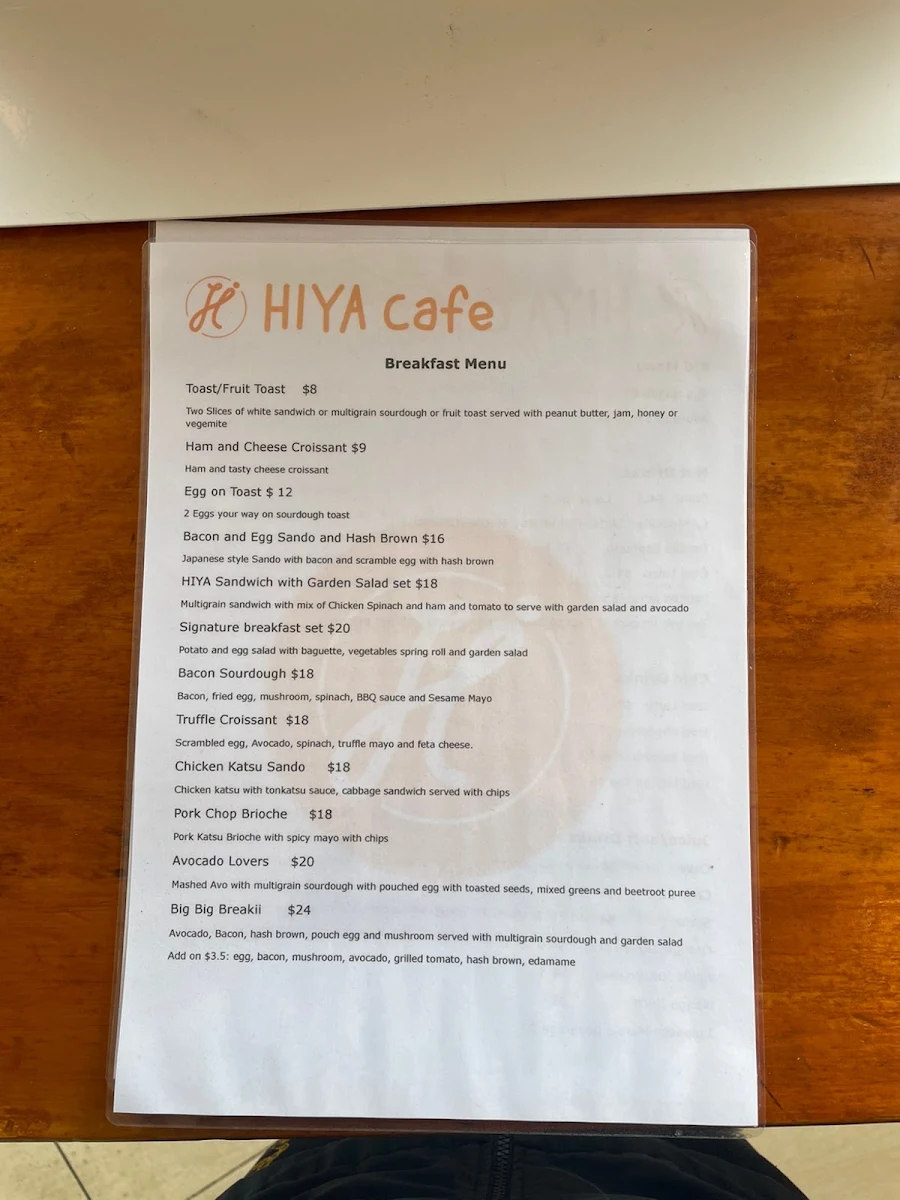 Menu, HIYA Cafe