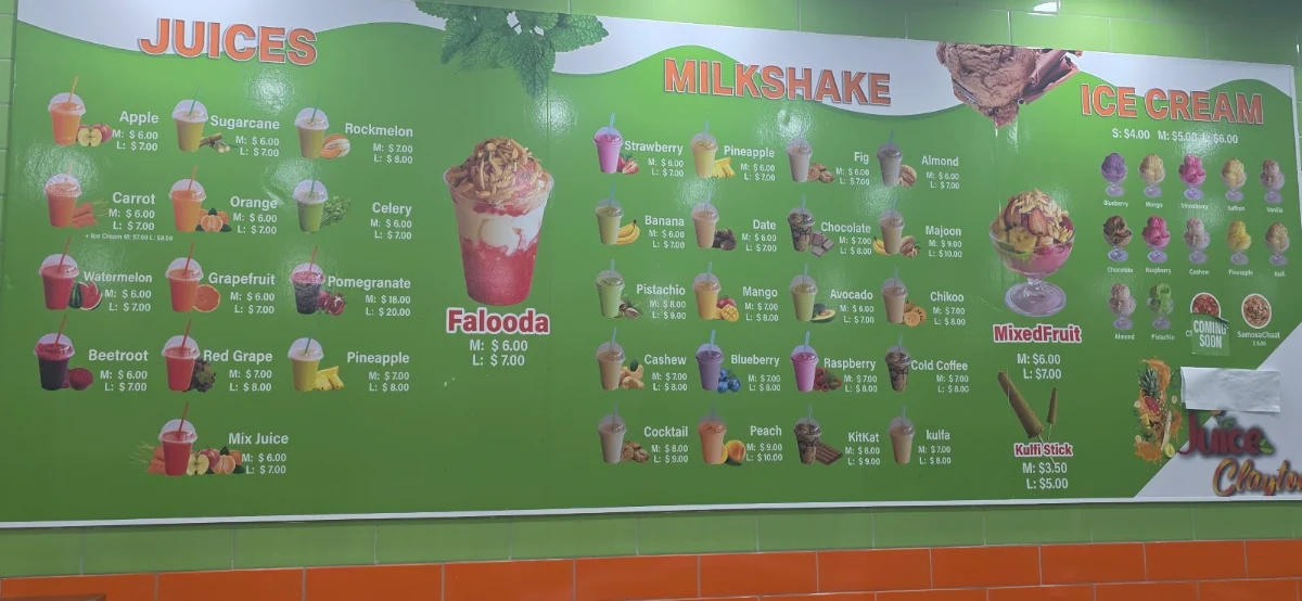 Menu, Khan Juice Clayton