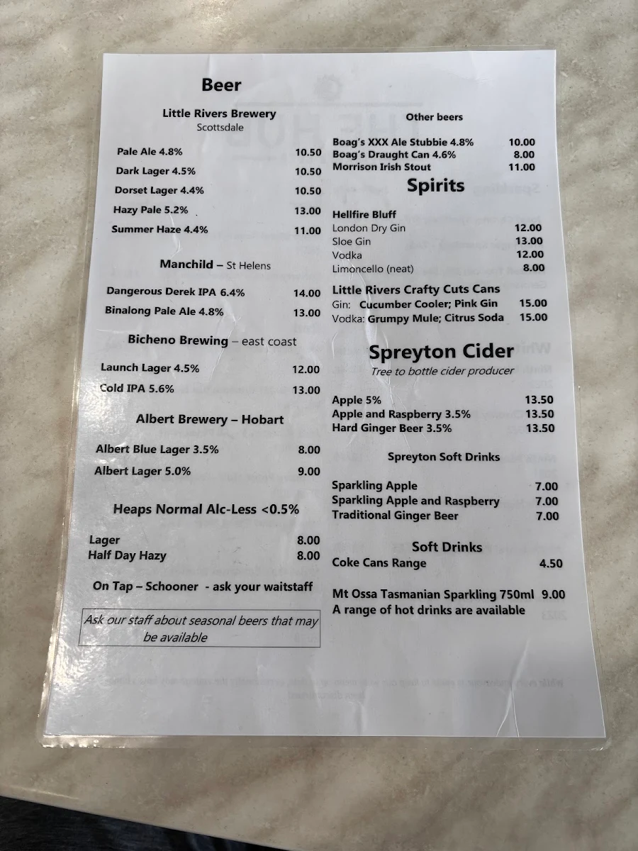 Menu, The Hub Pizza and Beer Binalong Bay