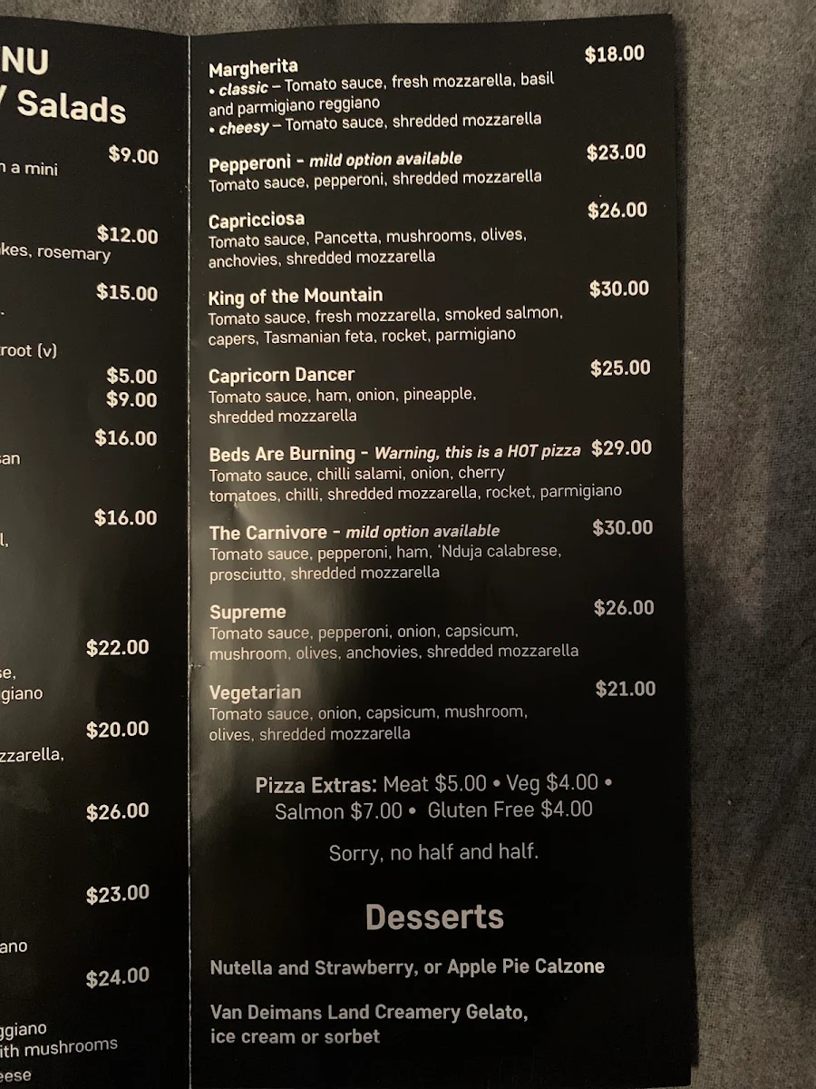 Menu, The Hub Pizza and Beer Binalong Bay