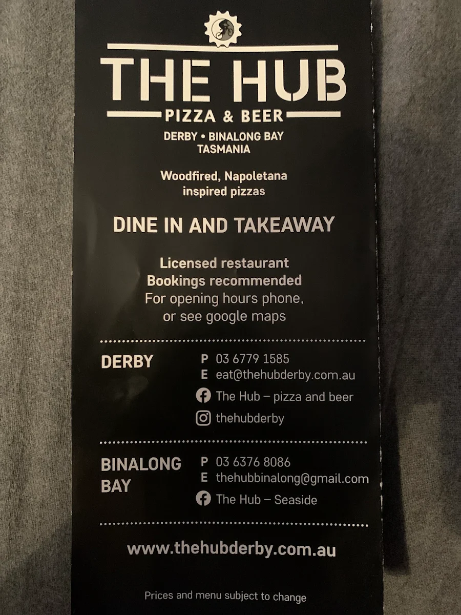 Menu, The Hub Pizza and Beer Binalong Bay