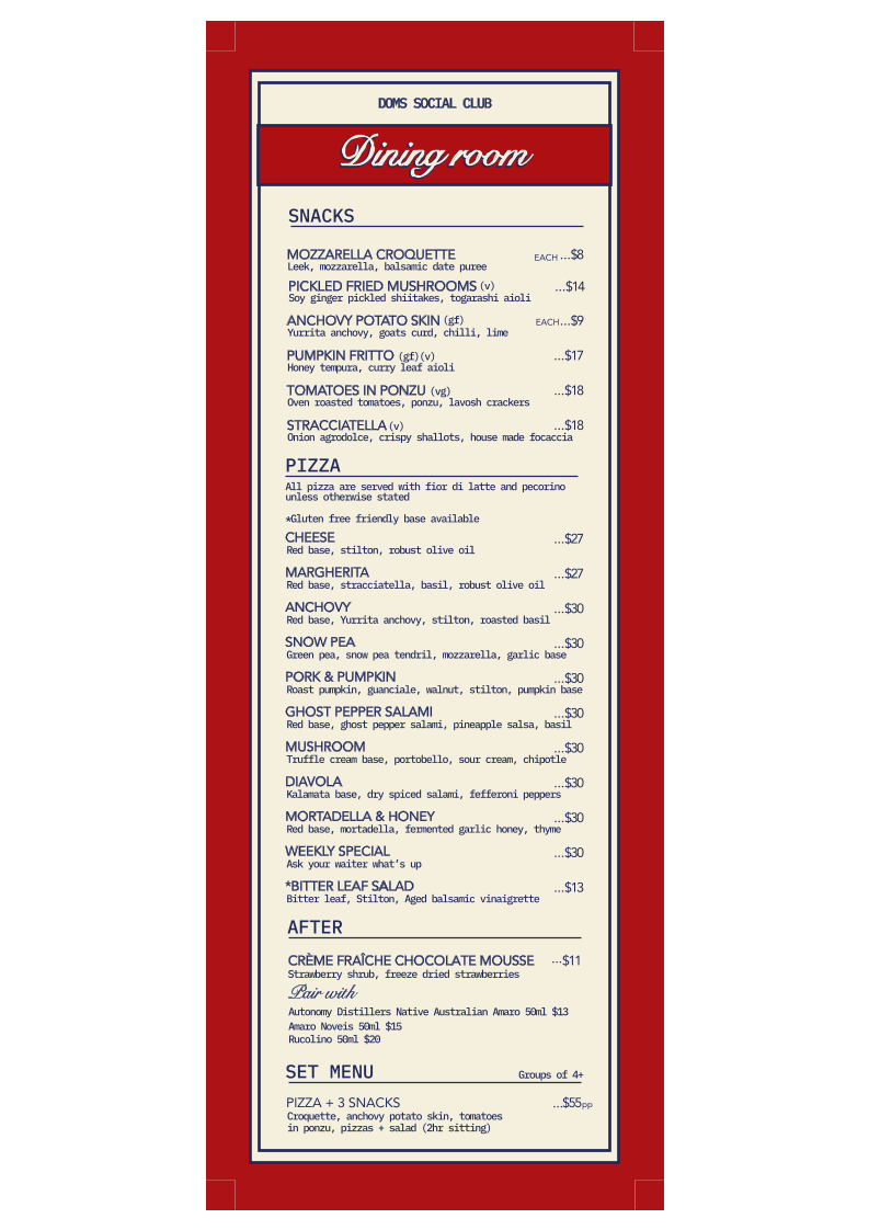 Menu, Dom's Social Club