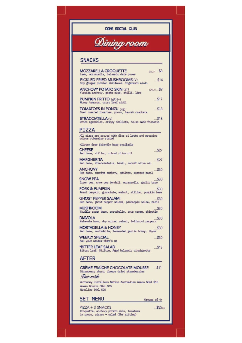 Menu, Dom's Social Club