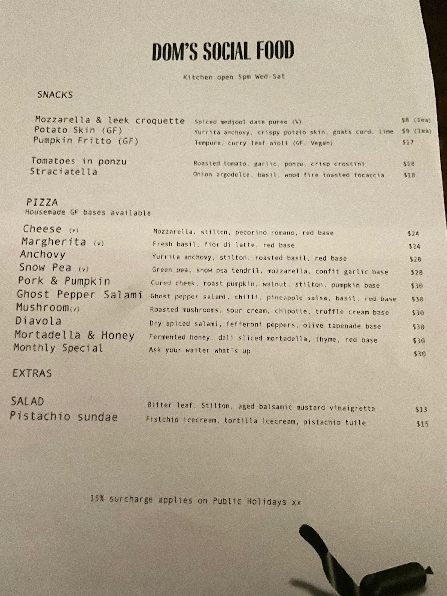 Menu, Dom's Social Club
