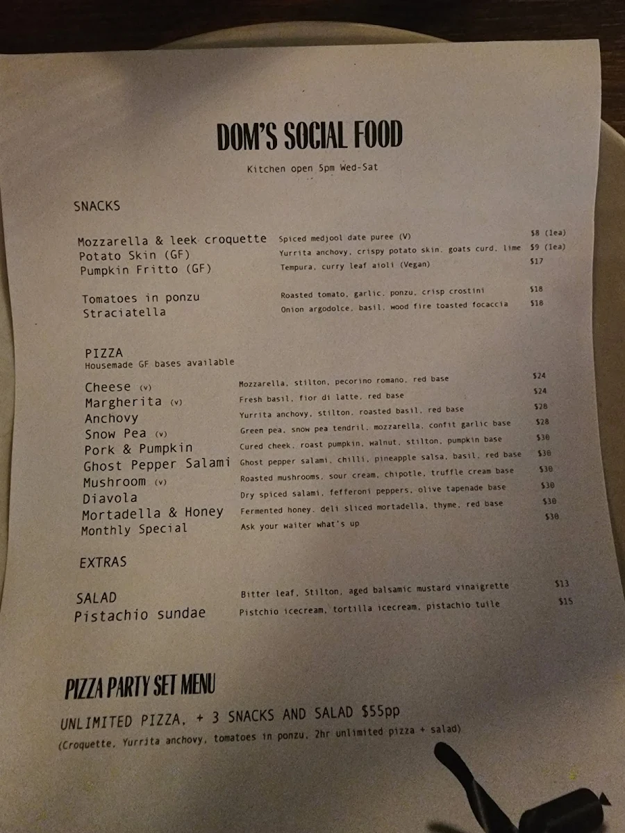Menu, Dom's Social Club