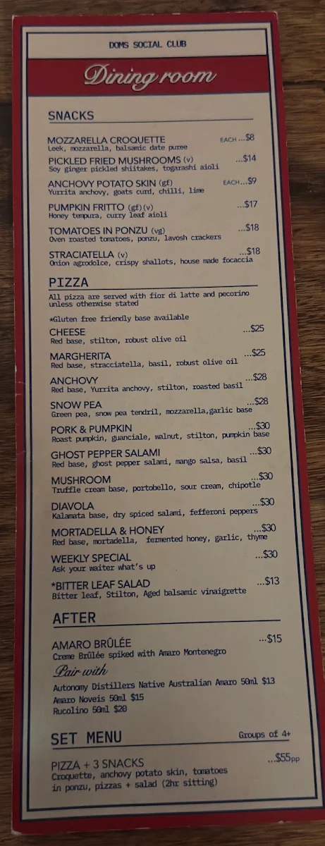 Menu, Dom's Social Club