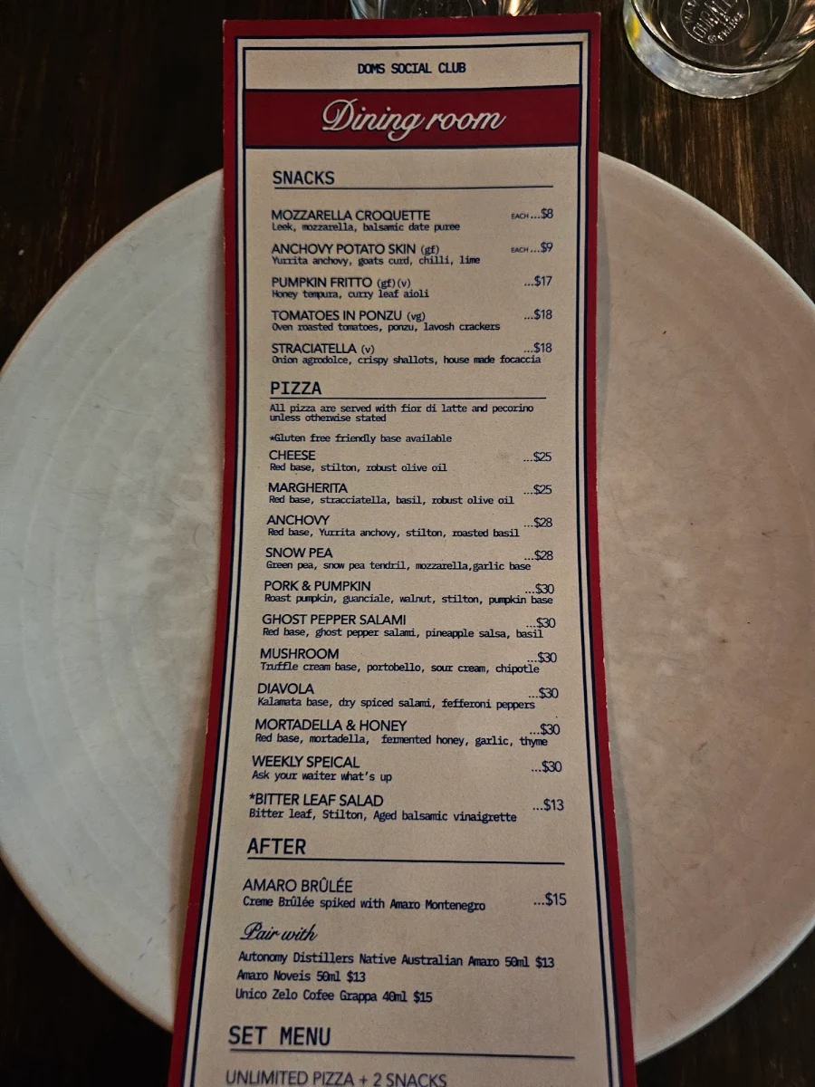 Menu, Dom's Social Club