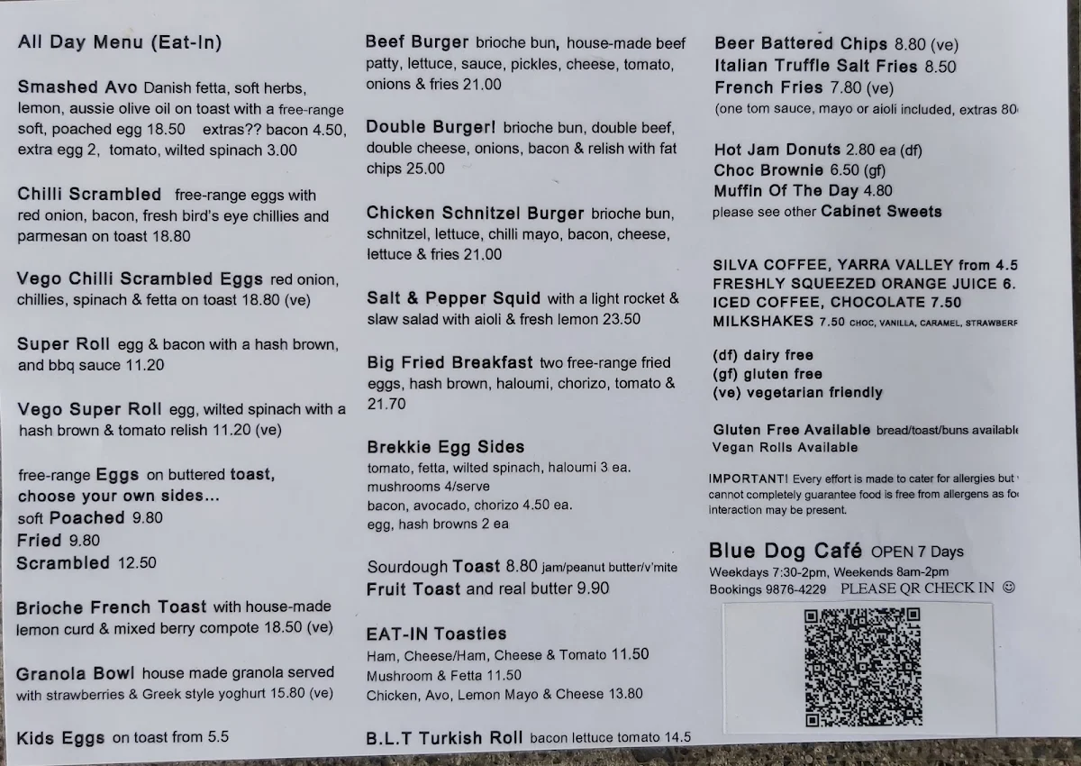 Menu, Blue Dog Café.