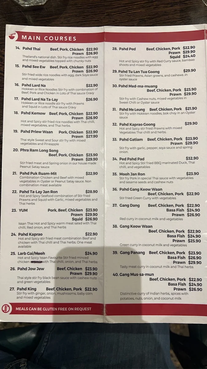 Menu, Red Ginger Thai