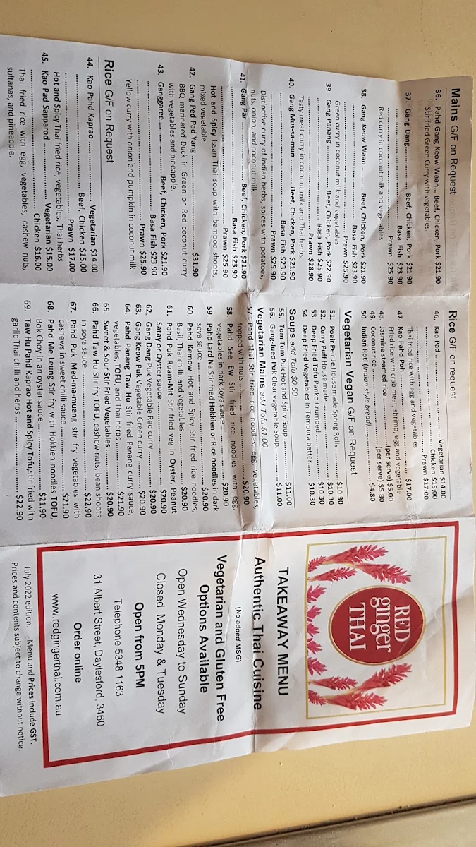 Menu, Red Ginger Thai