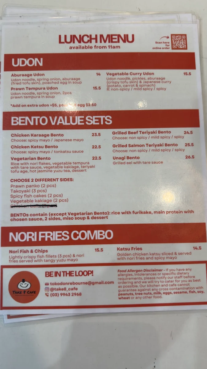 Menu, Take 8 Cafe