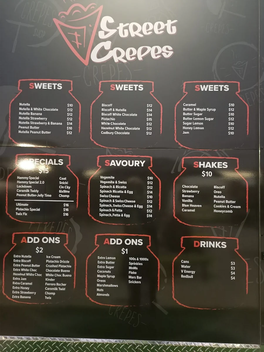 Menu, Street Crepes Sunbury
