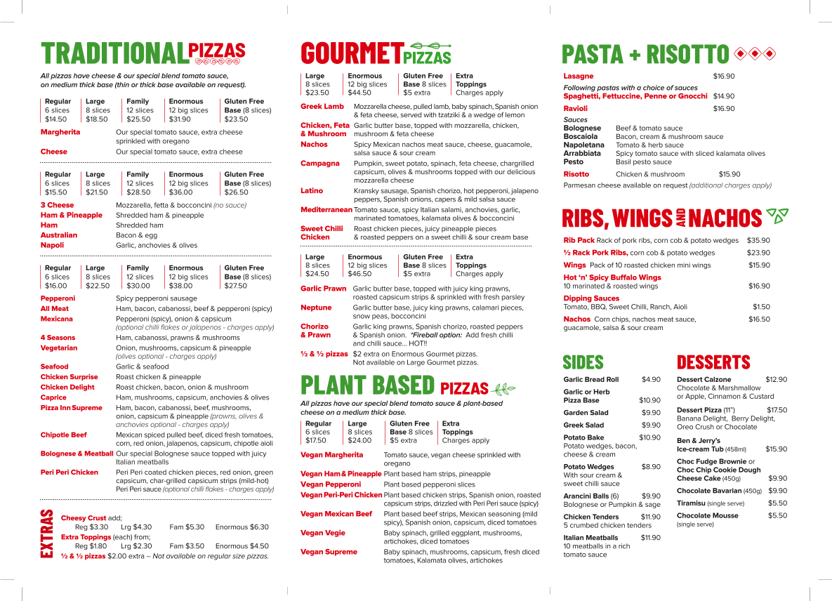 Menu, Pizza Inn