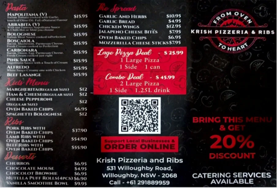 Menu, Krish Pizzeria and Ribs - Pizza Restaurant in Willoughby