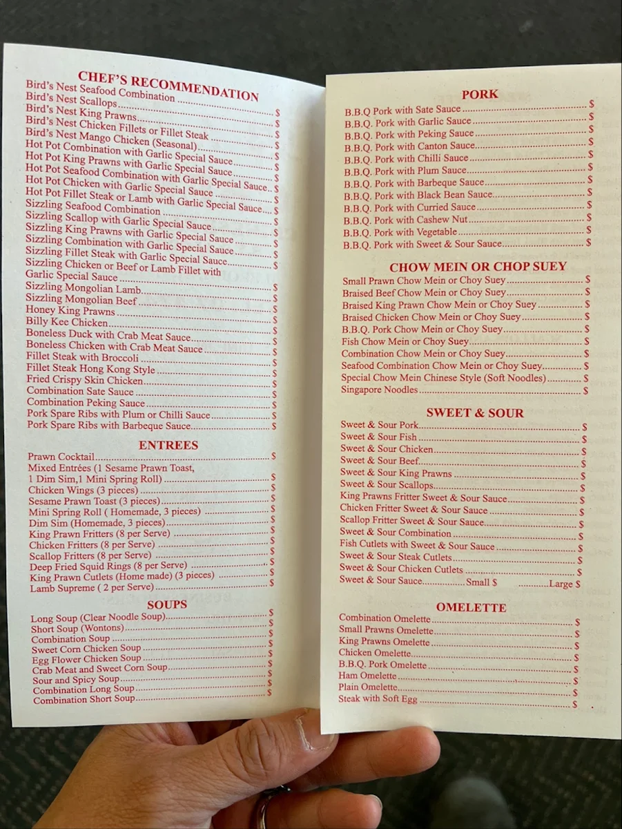 Menu, Cheng's Chinese restaurant