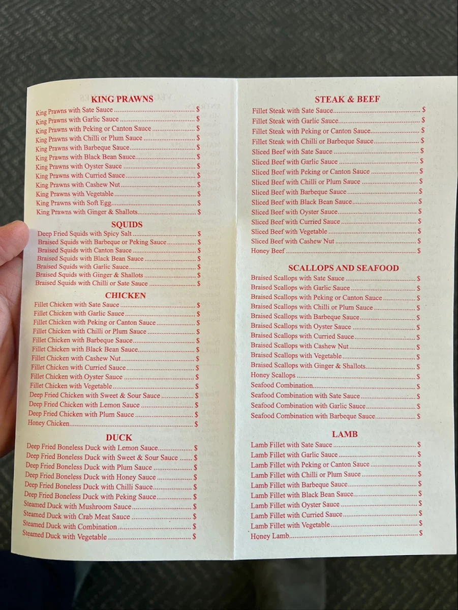 Menu, Cheng's Chinese restaurant