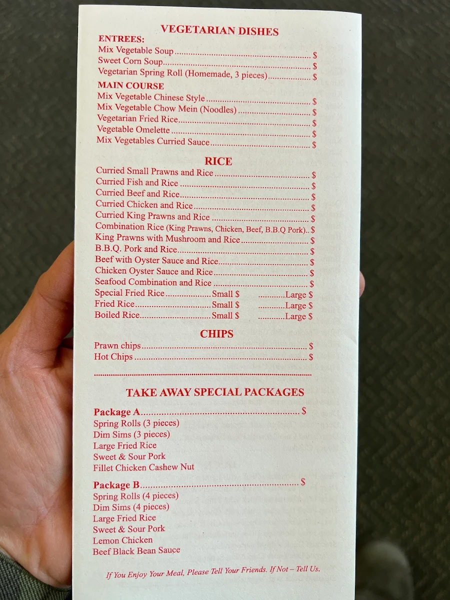 Menu, Cheng's Chinese restaurant