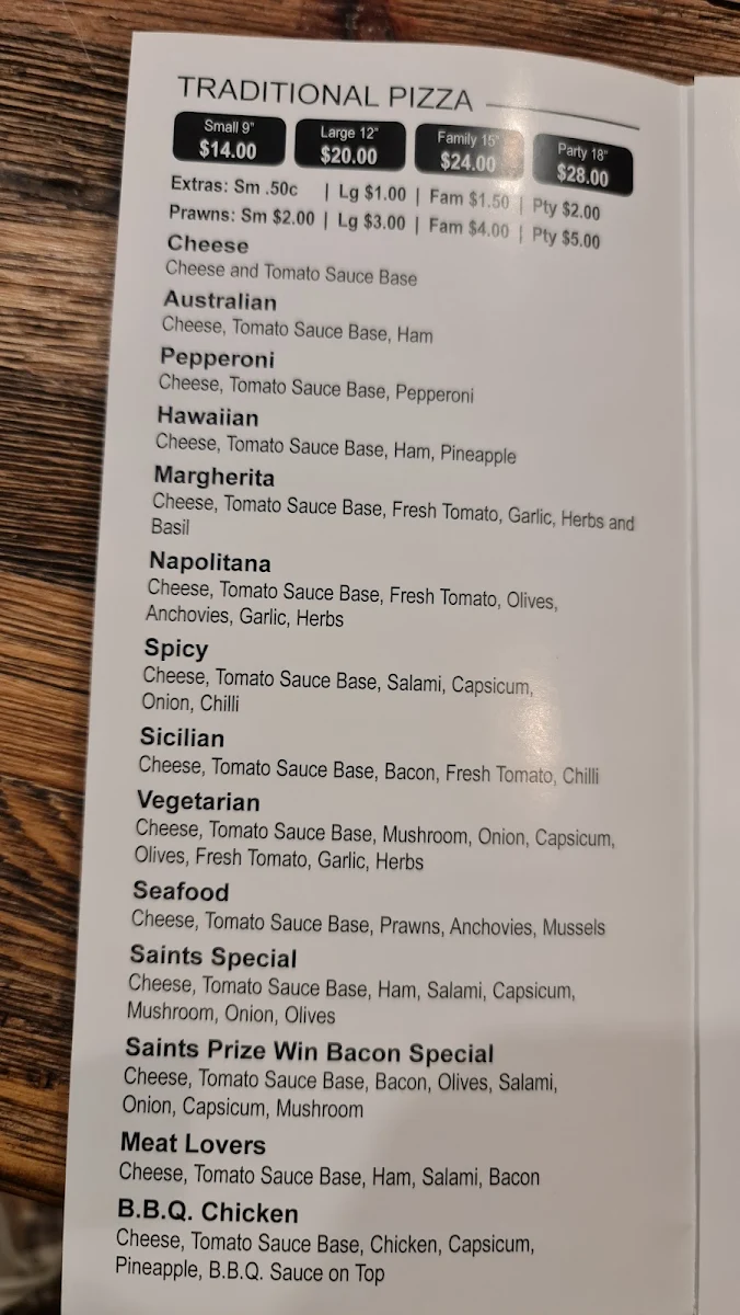 Menu, Saints Pizzeria Café & Ristoranté