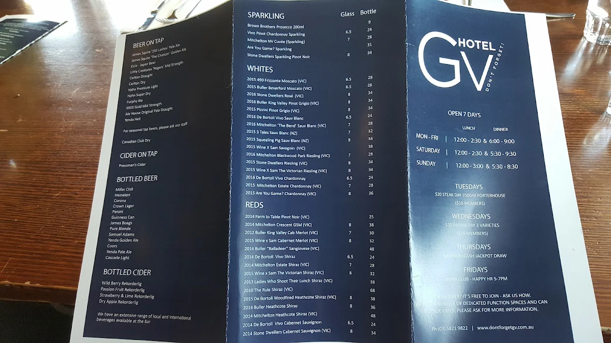 Menu, GV Hotel
