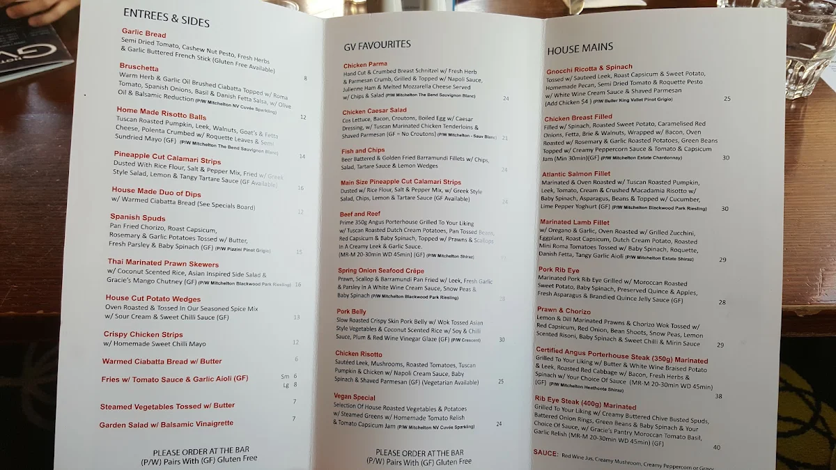 Menu, GV Hotel