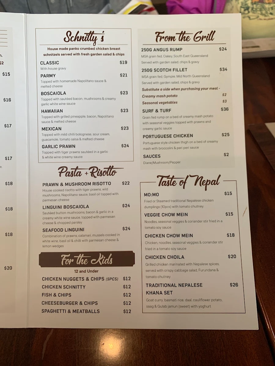 Menu, Hornsby Railway Hotel