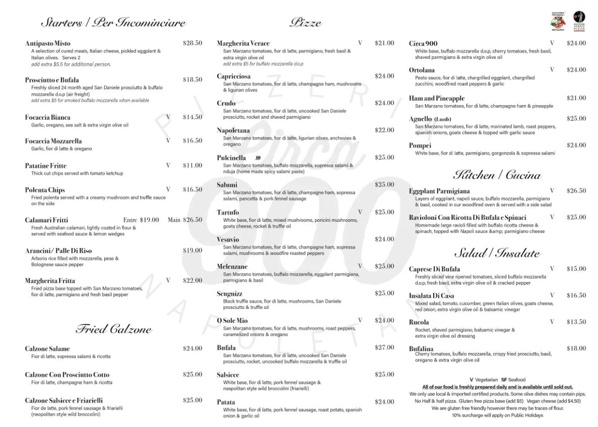 Menu, Circa 900 Pizzeria Napoletana