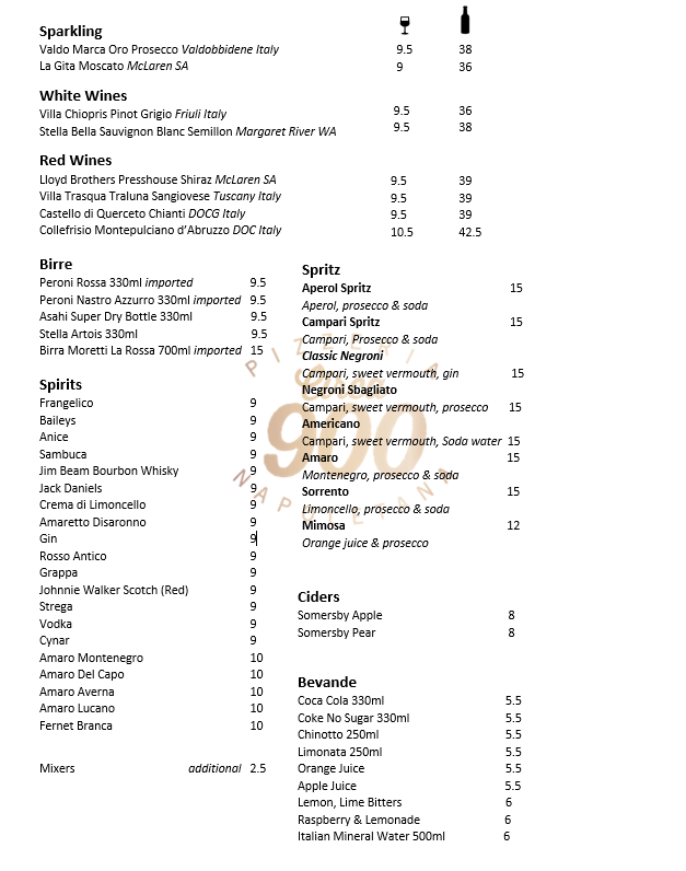 Menu, Circa 900 Pizzeria Napoletana